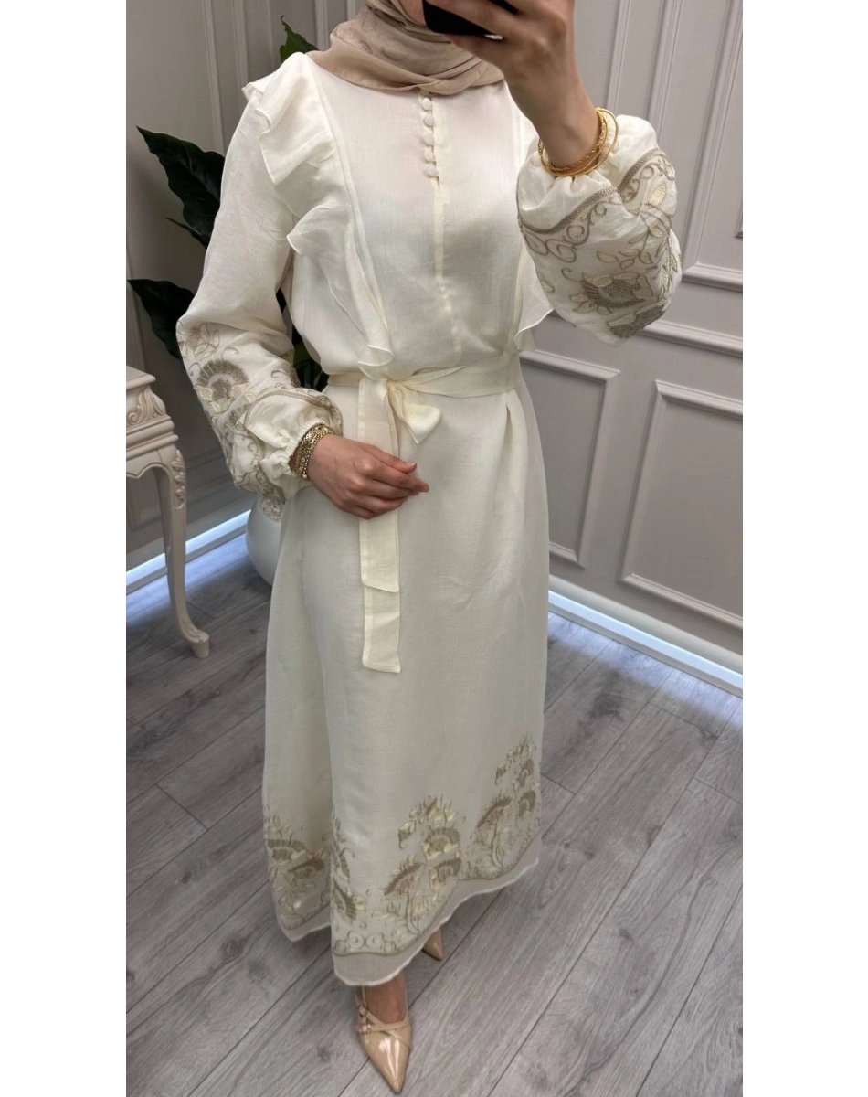 Nuss Triko 26Y2053 Krem Nakış İşleme Detaylı Elbise
