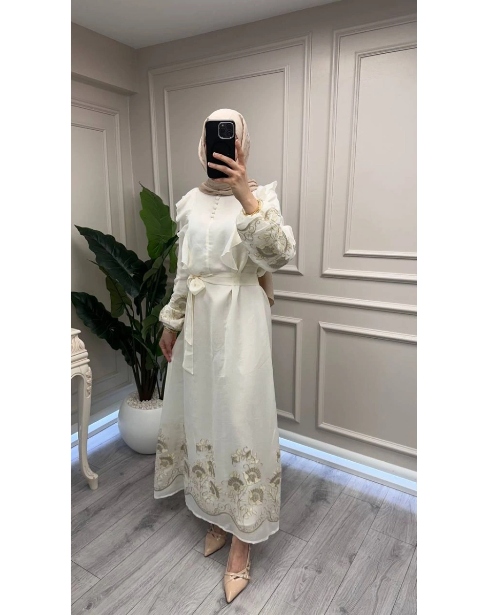 Nuss Triko 26Y2053 Krem Nakış İşleme Detaylı Elbise