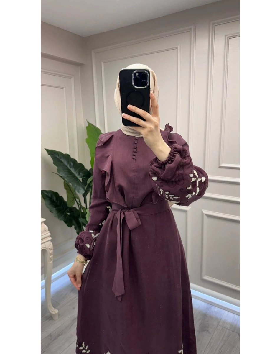 Nuss Triko 26Y2053 Bordo Nakış İşleme Detaylı Elbise