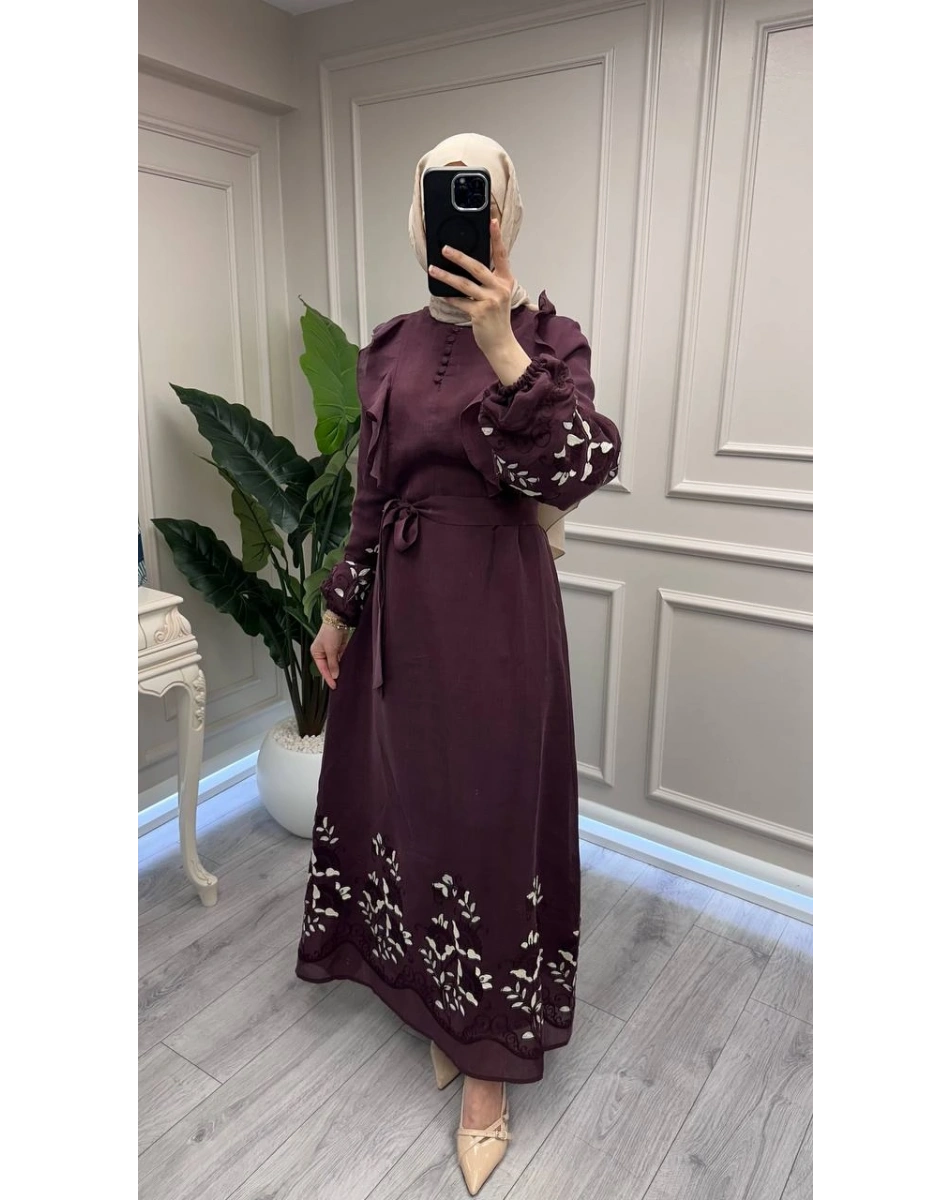 Nuss Triko 26Y2053 Bordo Nakış İşleme Detaylı Elbise