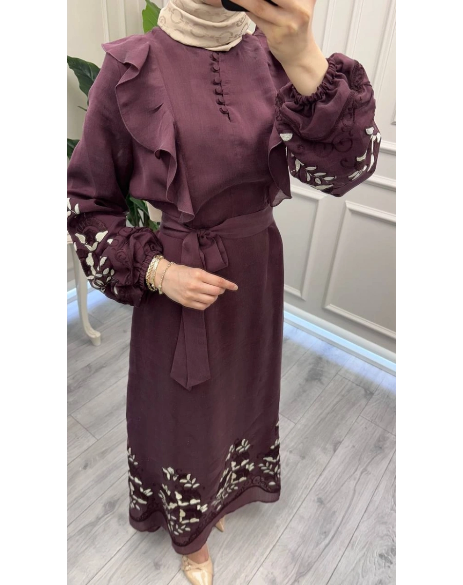 Nuss Triko 26Y2053 Bordo Nakış İşleme Detaylı Elbise