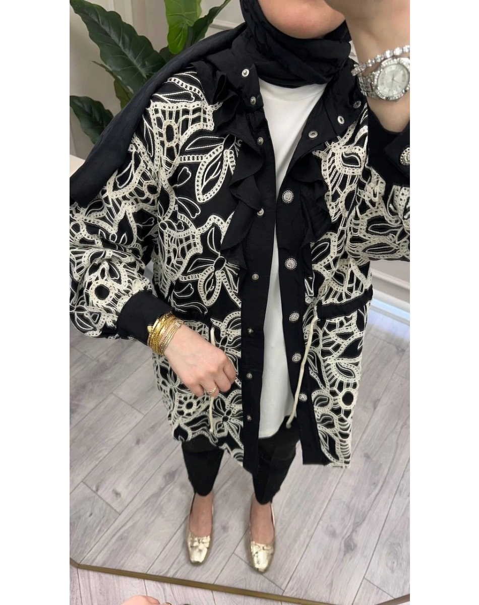 Ghisa 3610C3380 Siyah Güpür Detaylı Ceket