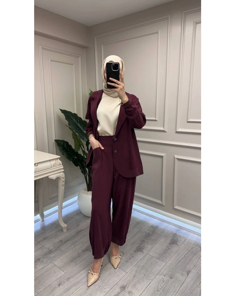 Ceremony 26Y938 Bordo Kolu Arma Detaylı Ceketli Modal Takım