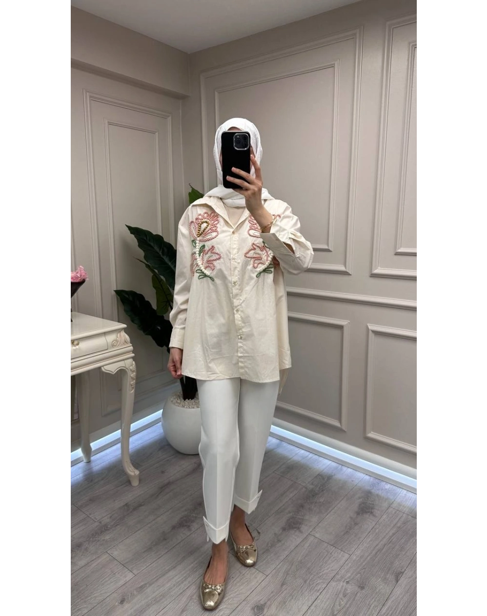 Ghisa 3611G4433 Bej Nakış İşlemeli Gömlek