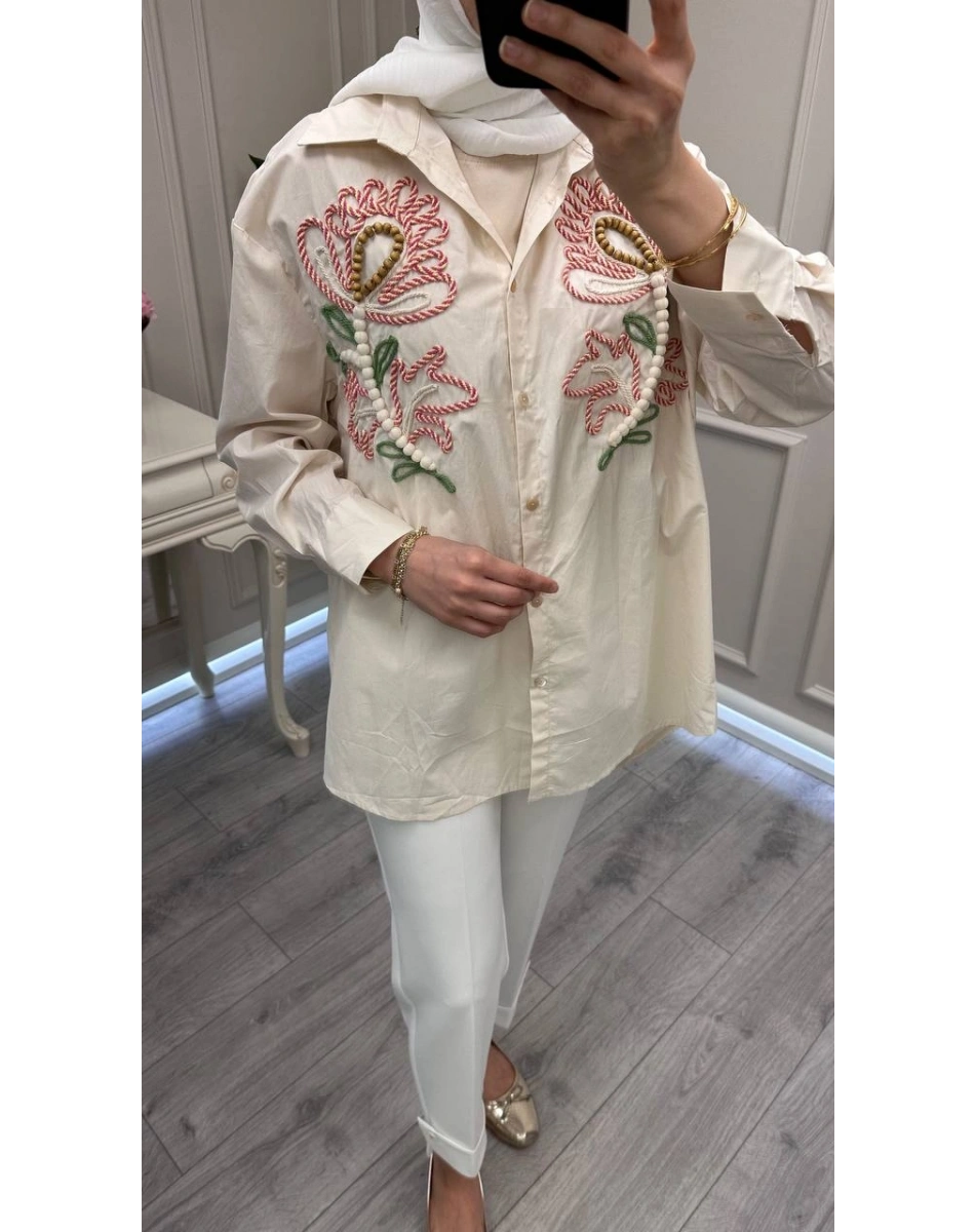 Ghisa 3611G4433 Bej Nakış İşlemeli Gömlek