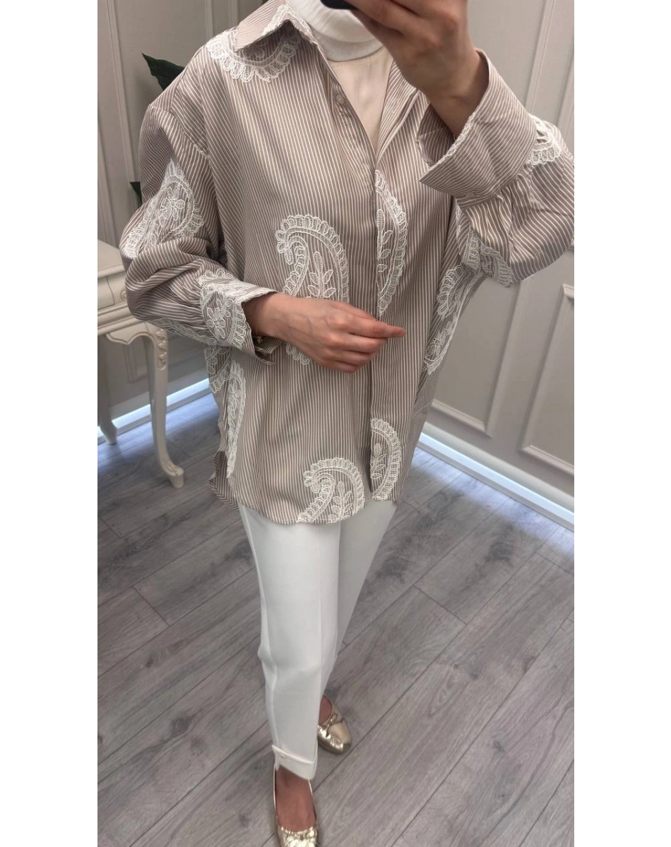 Ghisa 3611G4430 Haki Brode Detaylı Gömlek