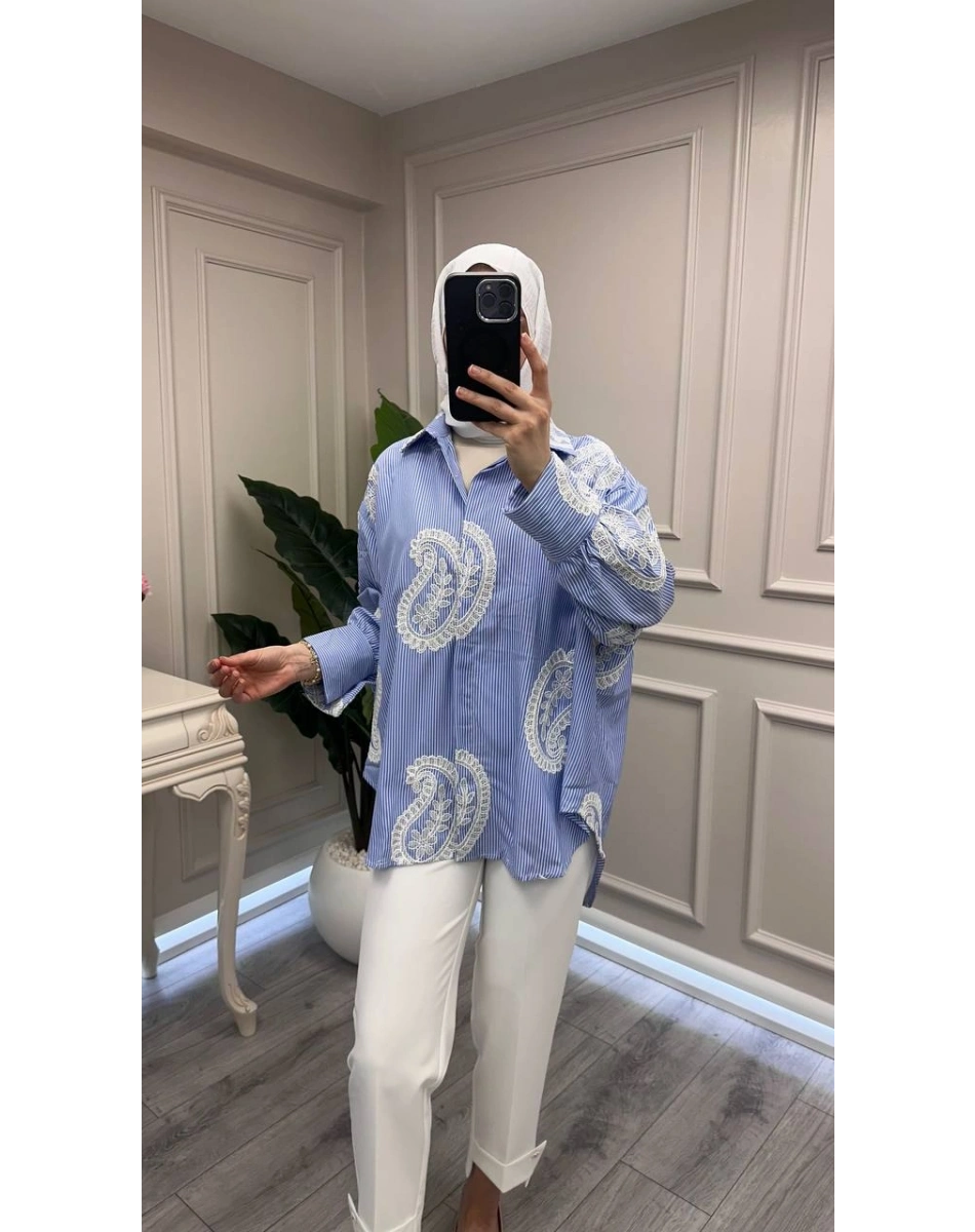 Ghisa 3611G4430 Mavi Brode Detaylı Gömlek