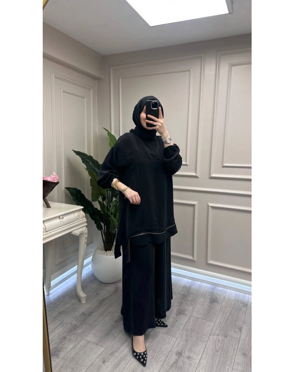 Misswhence 39009 Siyah Fermuar Detaylı Tunik Takım