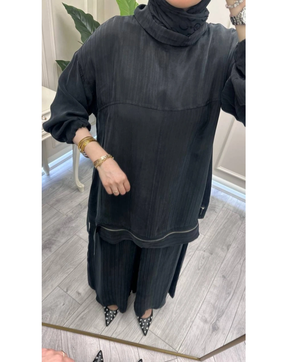 Misswhence 39009 Siyah Fermuar Detaylı Tunik Takım