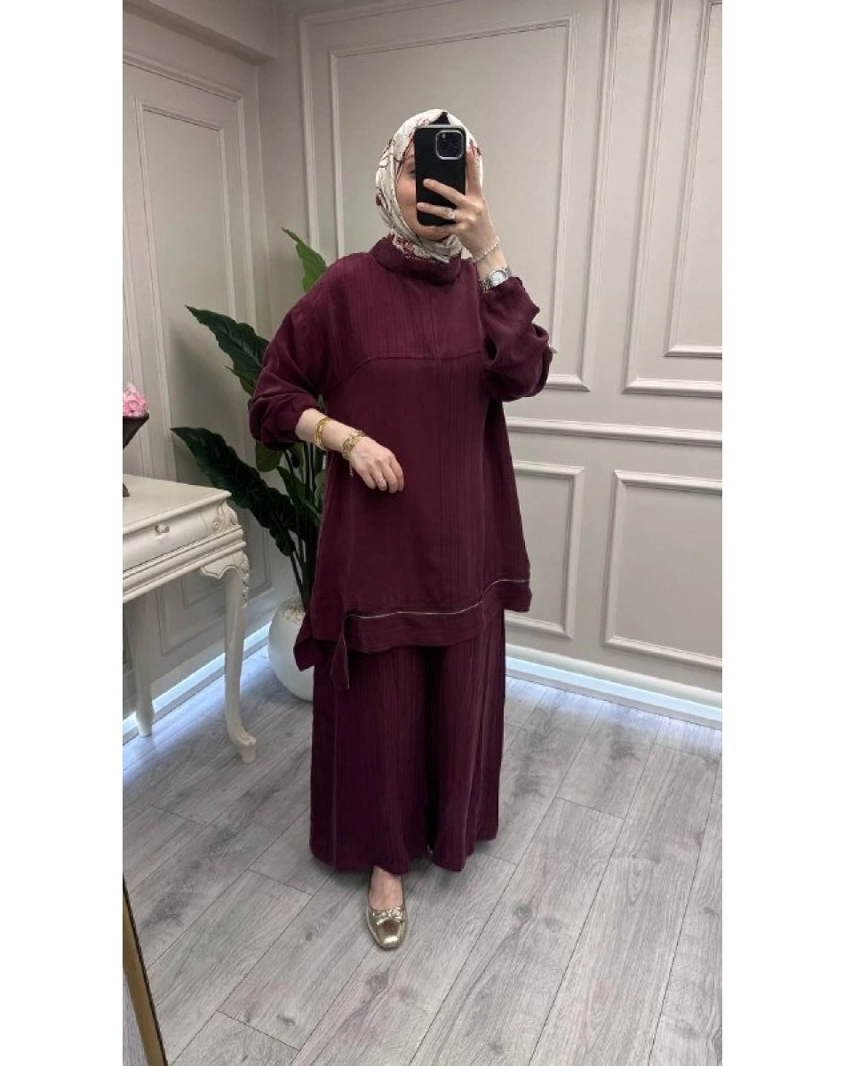 Misswhence 39009 Bordo Fermuar Detaylı Tunik Takım