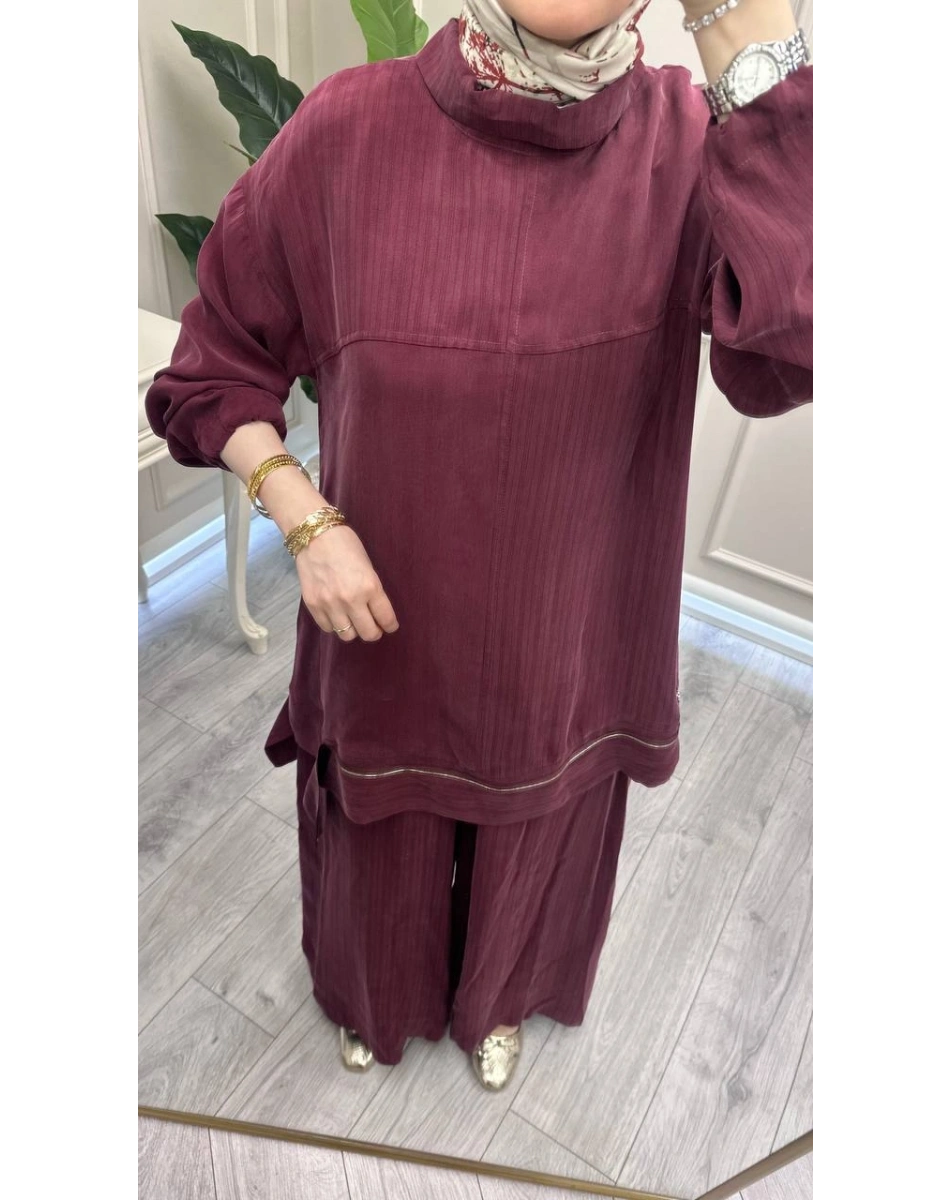 Misswhence 39009 Bordo Fermuar Detaylı Tunik Takım