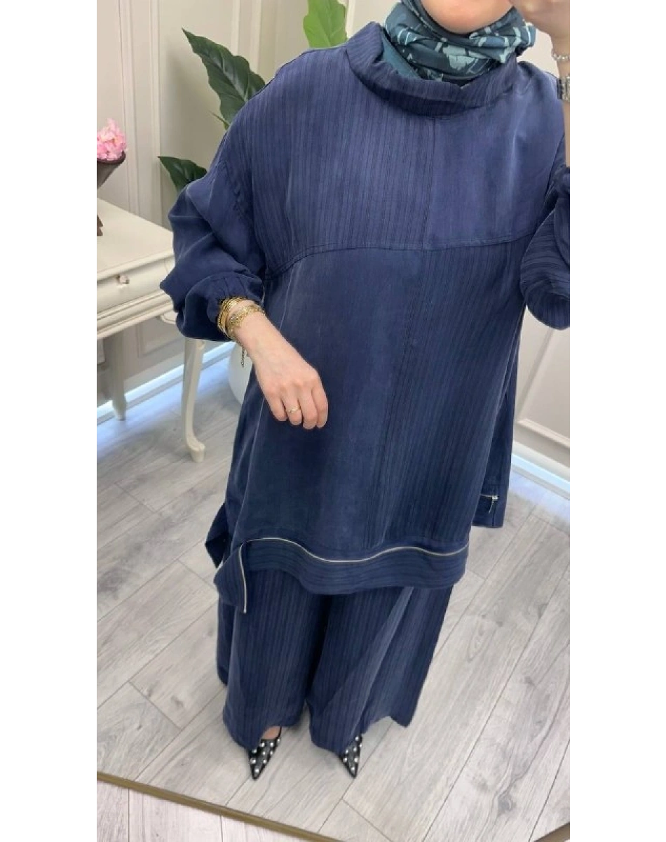 Misswhence 39009 Lacivert Fermuar Detaylı Tunik Takım