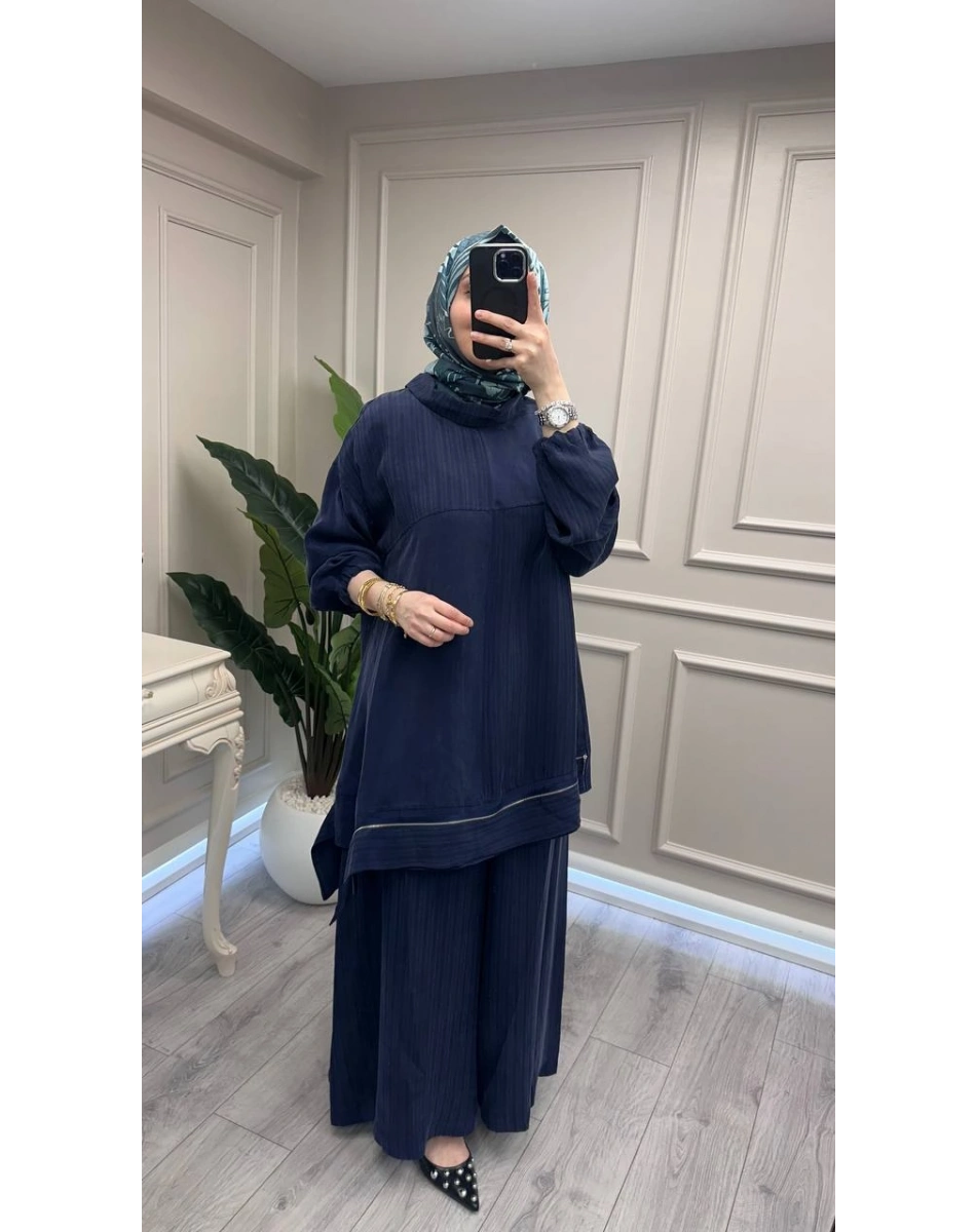 Misswhence 39009 Lacivert Fermuar Detaylı Tunik Takım