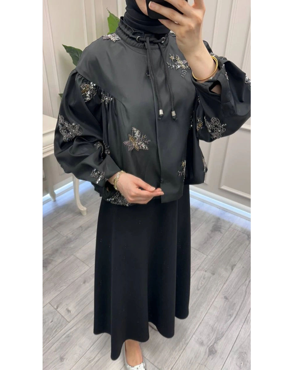 Ghisa 3610C3420 Siyah İşleme Detaylı Kısa Ceket
