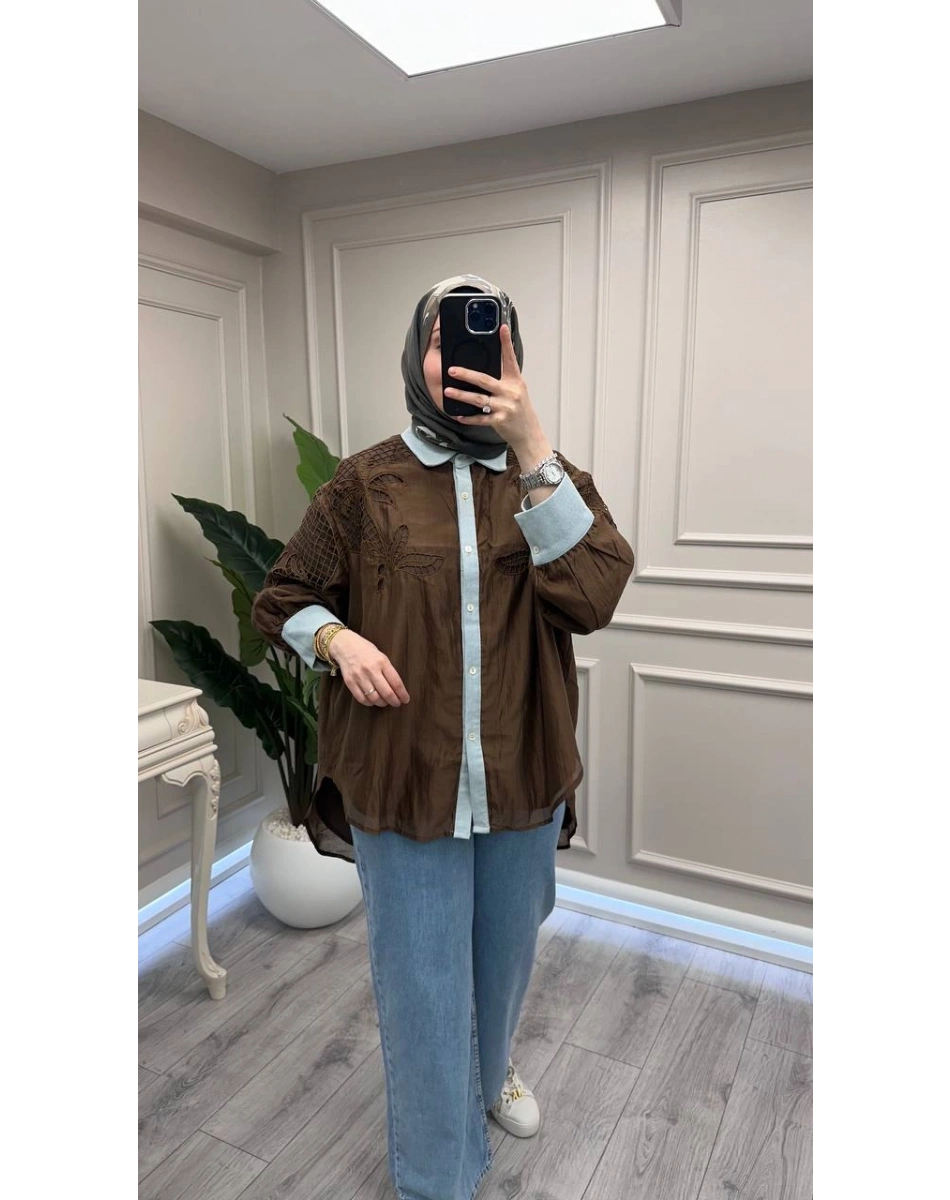 Ghisa 3611G4435 Kahve Denim Detaylı Gömlek