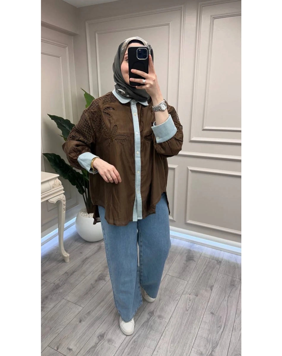 Ghisa 3611G4435 Kahve Denim Detaylı Gömlek