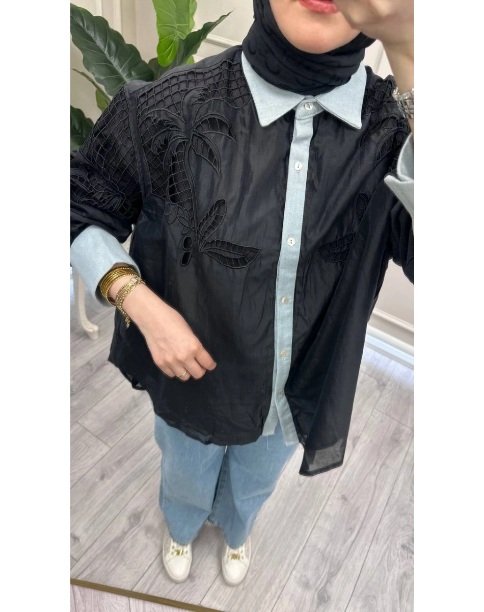 Ghisa 3611G4435 Siyah Denim Detaylı Gömlek