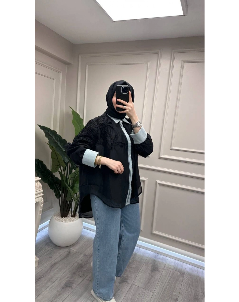 Ghisa 3611G4435 Siyah Denim Detaylı Gömlek