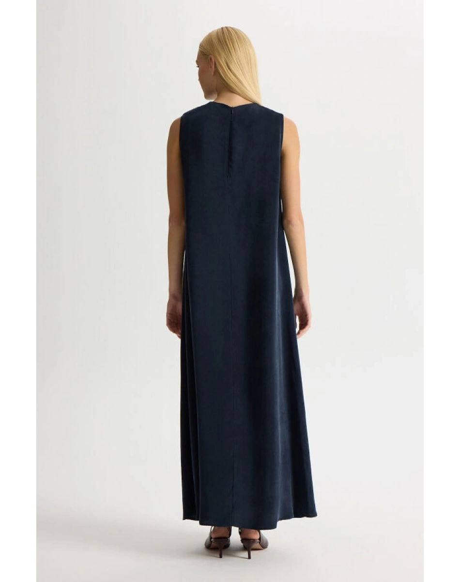 Miss Dalida T26Y-4007 Lacivert Düz Renk Kolsuz Cupro Elbise