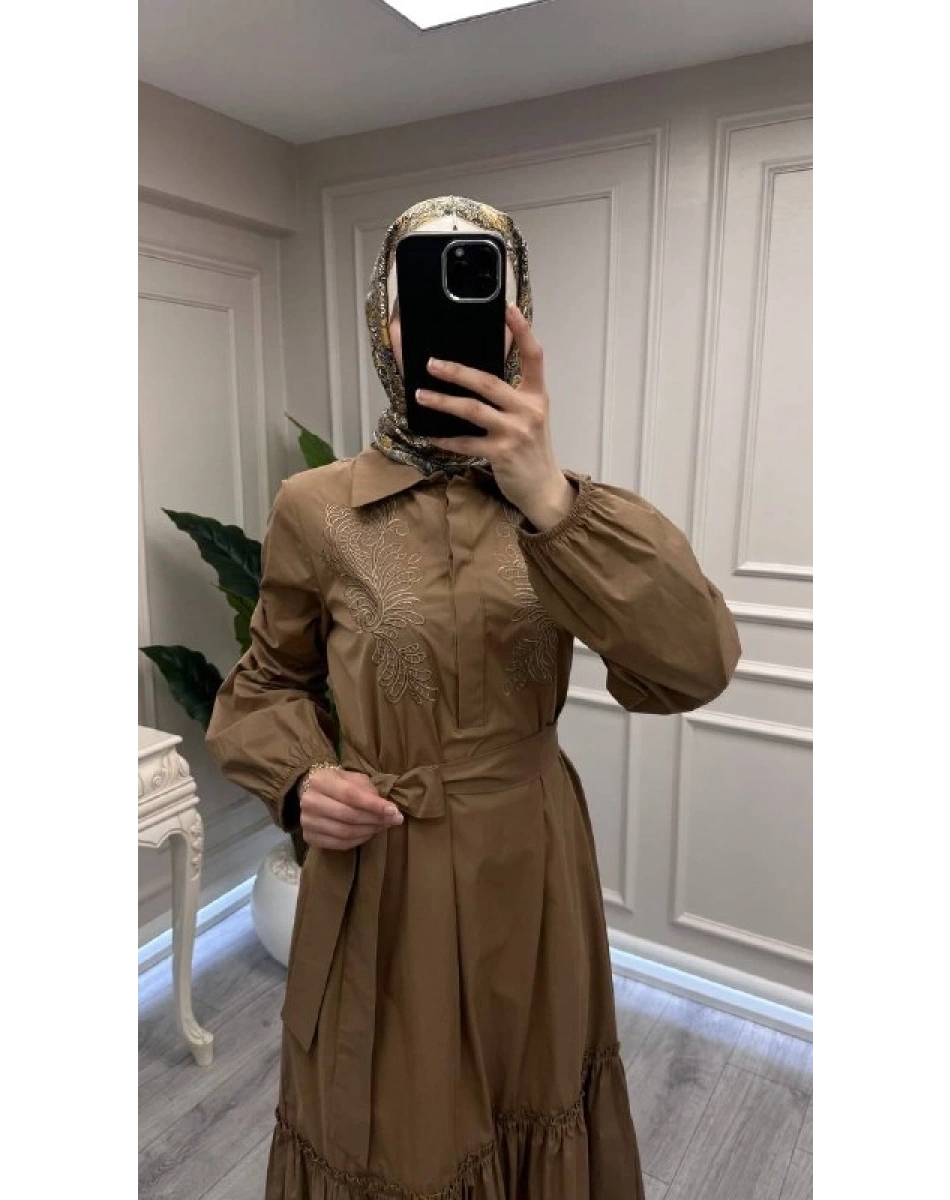 Nuss Triko 26Y2040 Camel Kemerli Gömlek Elbise