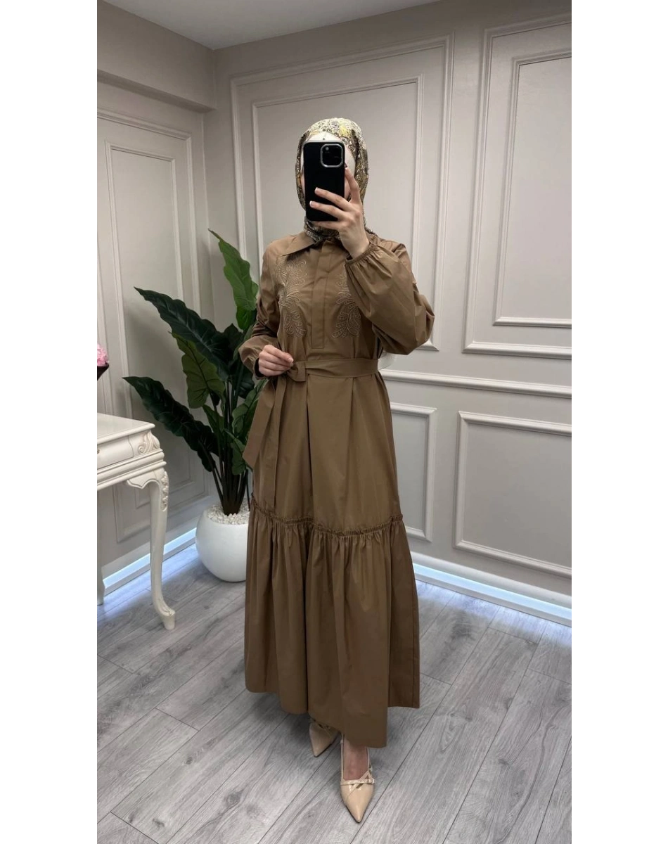 Nuss Triko 26Y2040 Camel Kemerli Gömlek Elbise