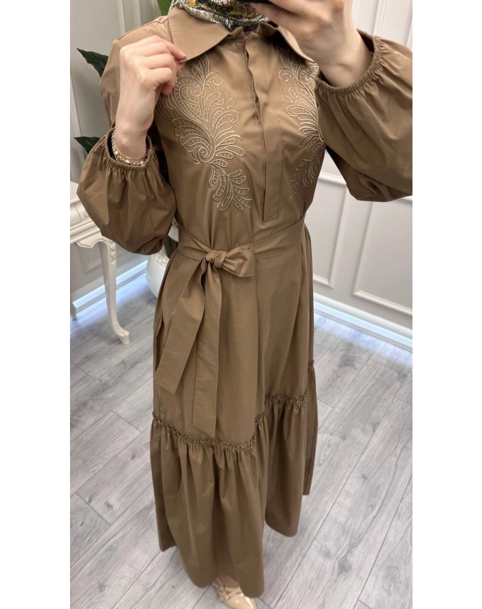 Nuss Triko 26Y2040 Camel Kemerli Gömlek Elbise