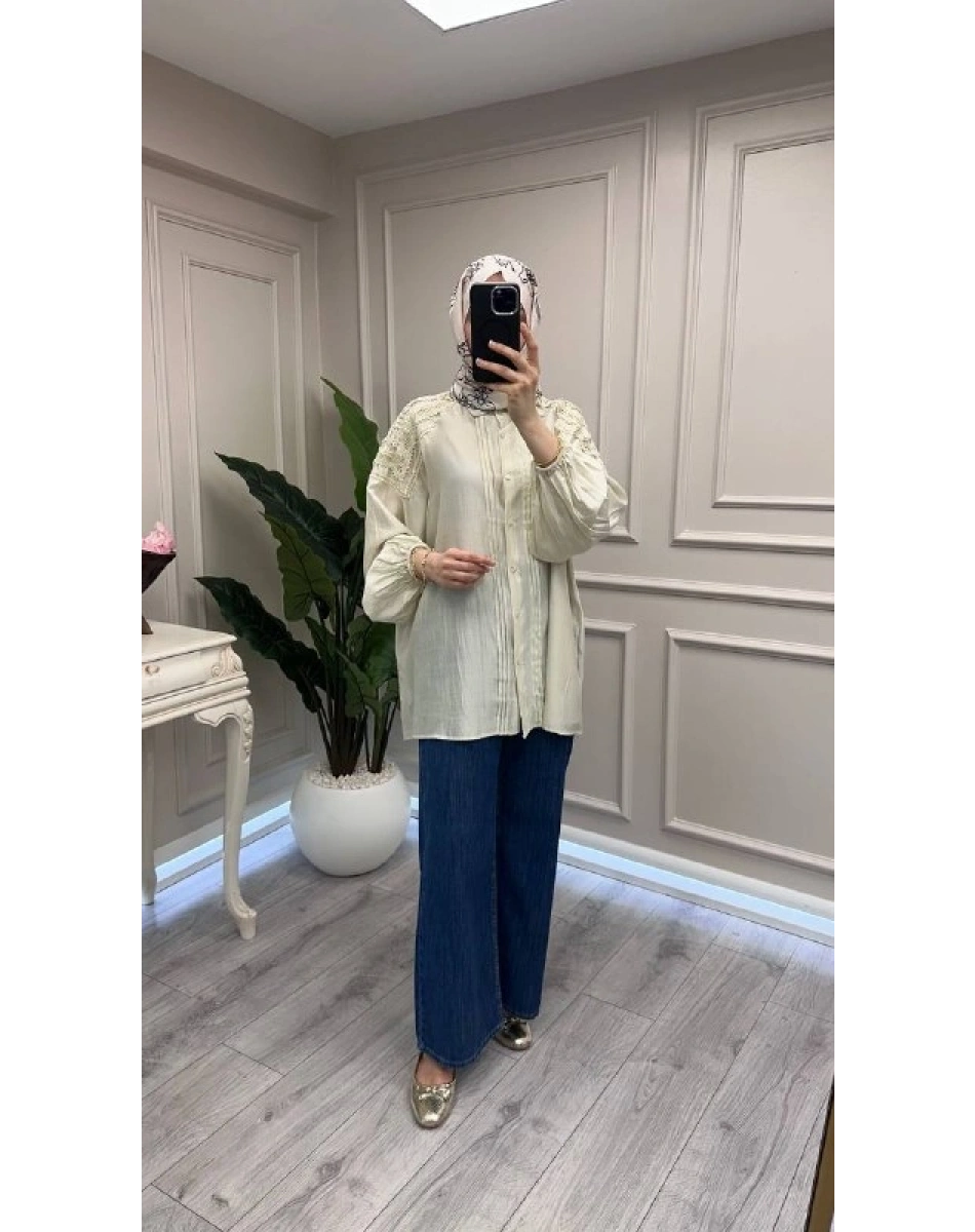 Ghisa 3611G4437 Bej Yakası Brode Detaylı Gömlek
