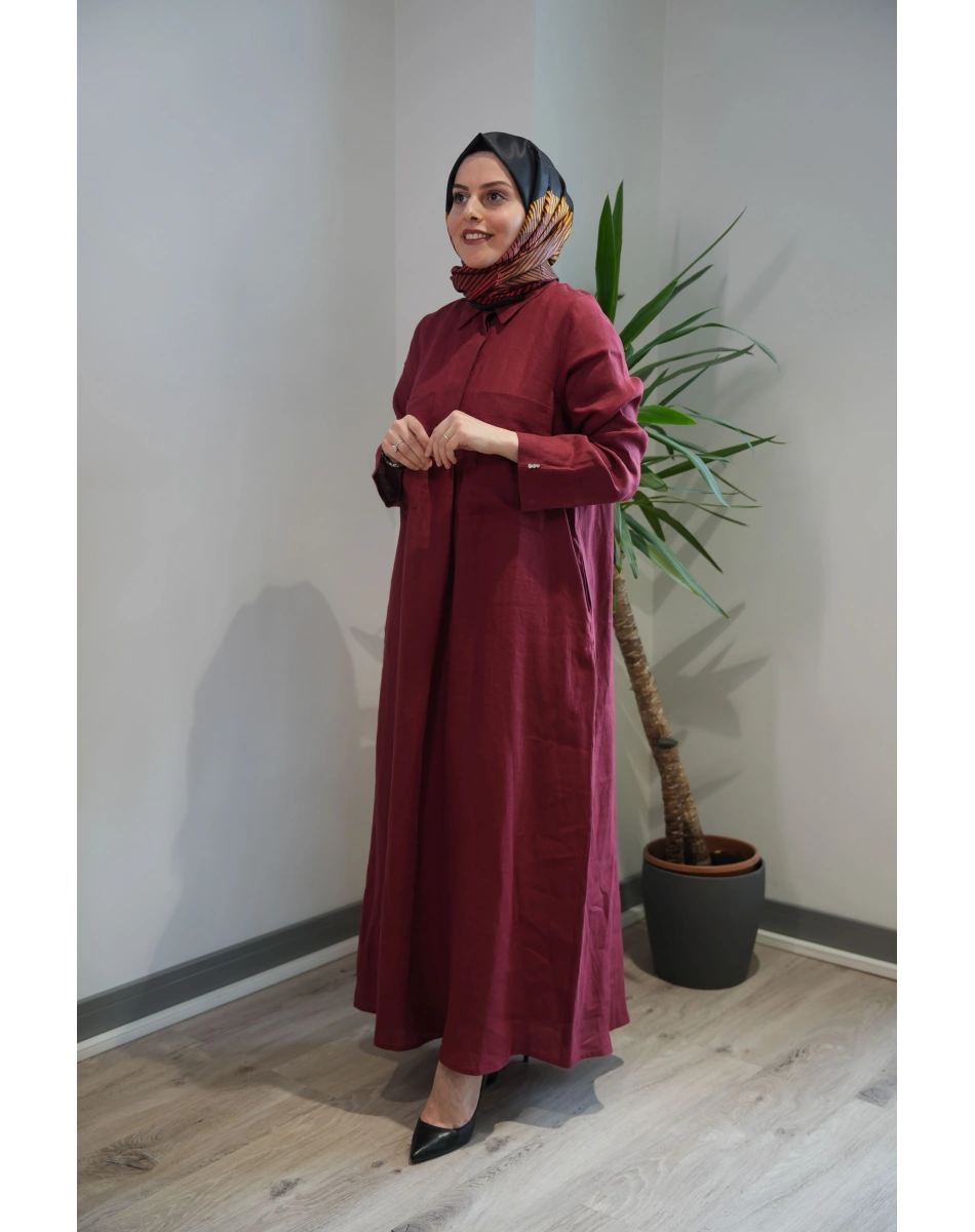 Miss Dalida 2264260 Cherry Önü Cepli Basic Keten Elbise