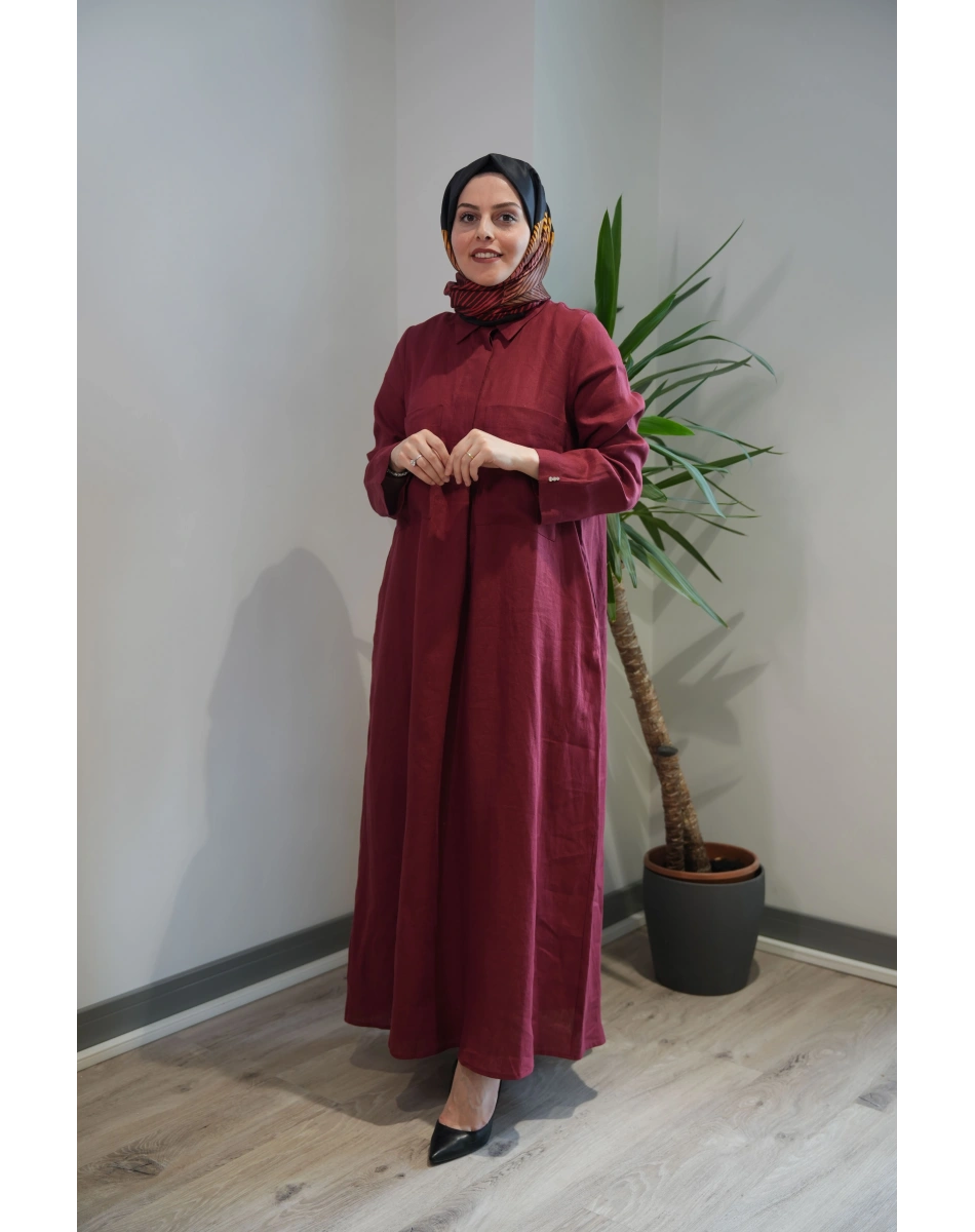 Miss Dalida 2264260 Cherry Önü Cepli Basic Keten Elbise