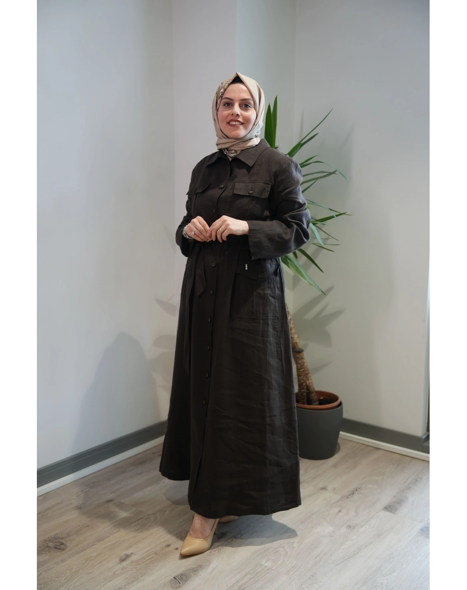Miss Dalida 2268287 Kakao Kemer ve Cep Detaylı Keten Ceket
