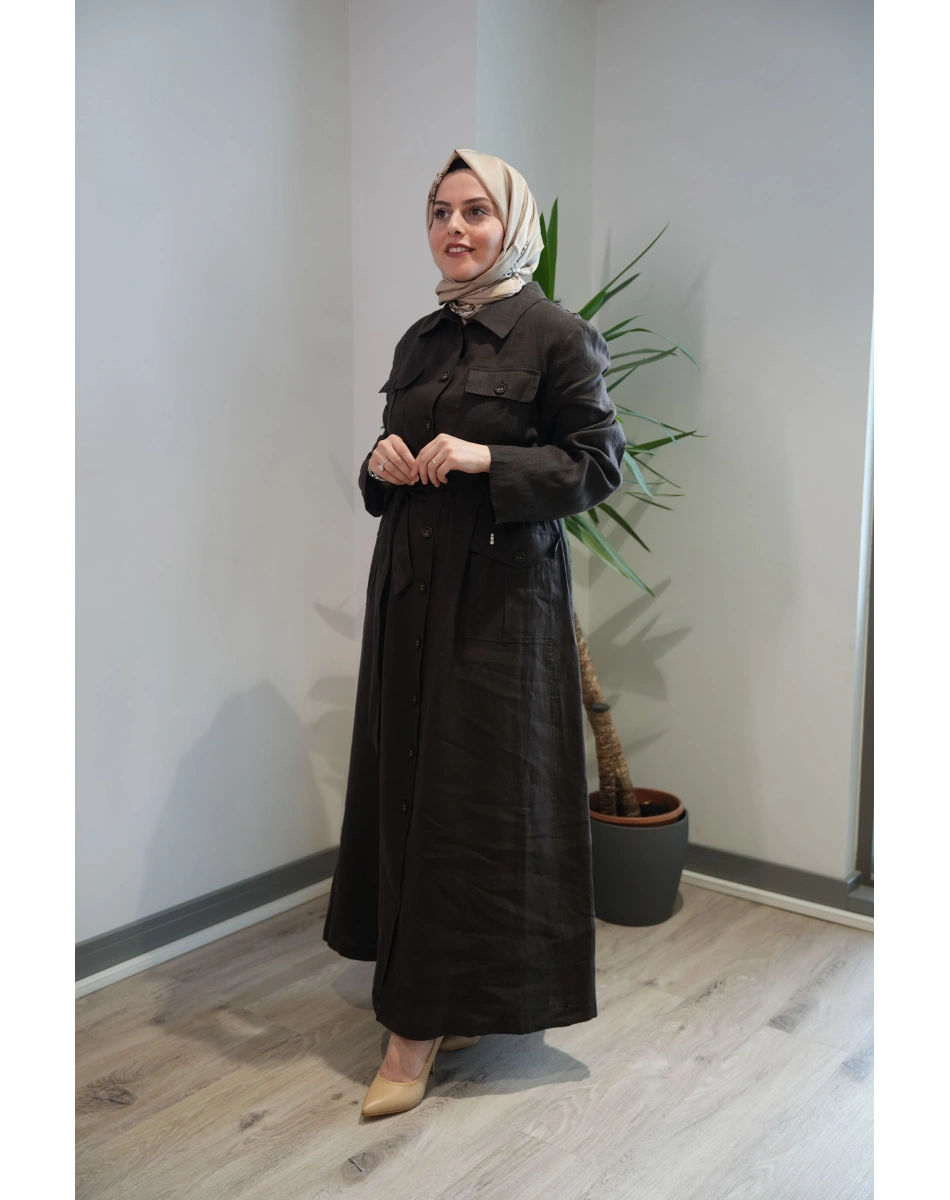 Miss Dalida 2268287 Kakao Kemer ve Cep Detaylı Keten Ceket