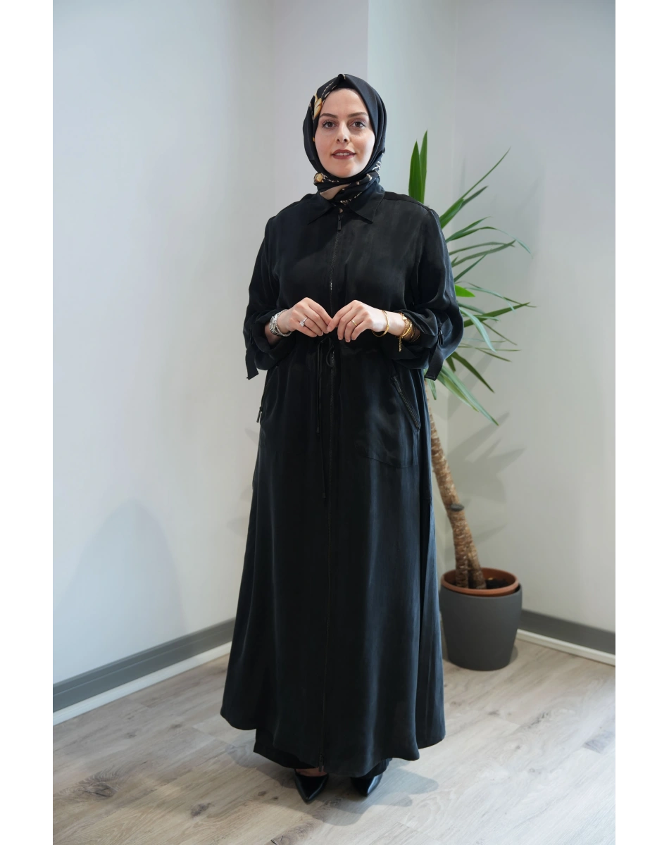 Miss Dalida 2268329 Siyah Fermuarlı Beli Büzgülü Cupro Ceket