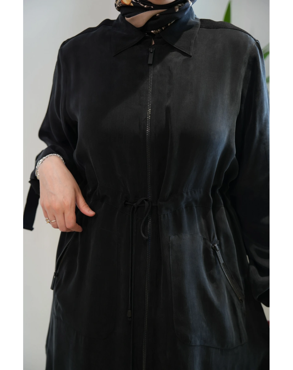 Miss Dalida 2268329 Siyah Fermuarlı Beli Büzgülü Cupro Ceket
