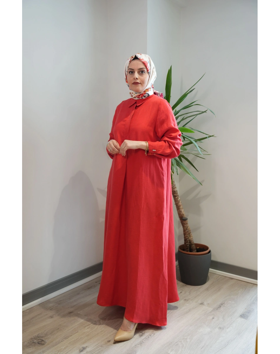 Miss Dalida 2264351 Kırmızı Gömlek Yaka İpek Keten Uzun Elbise