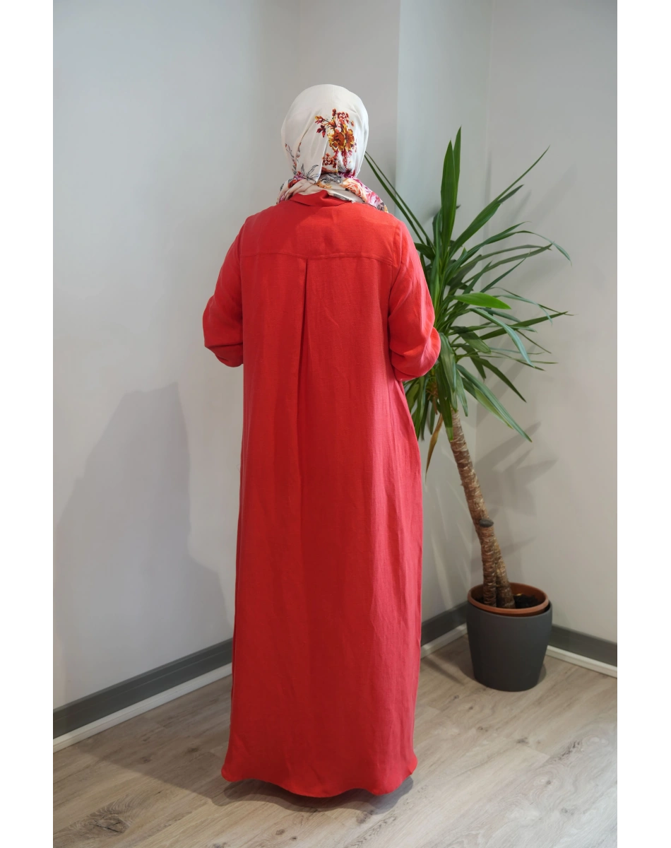 Miss Dalida 2264351 Kırmızı Gömlek Yaka İpek Keten Uzun Elbise
