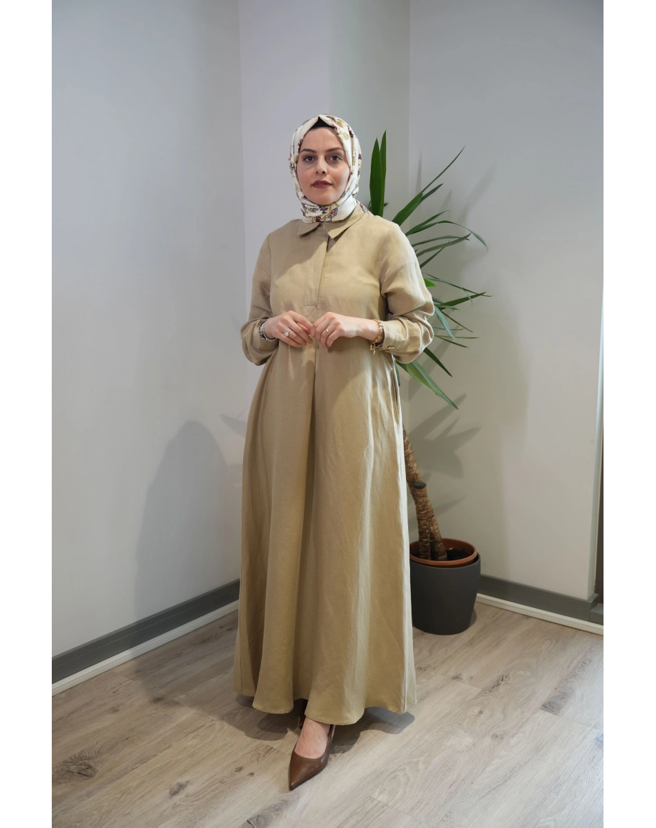 Miss Dalida 2264351 Camel Gömlek Yaka İpek Keten Uzun Elbise