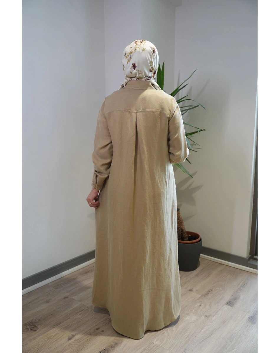Miss Dalida 2264351 Camel Gömlek Yaka İpek Keten Uzun Elbise