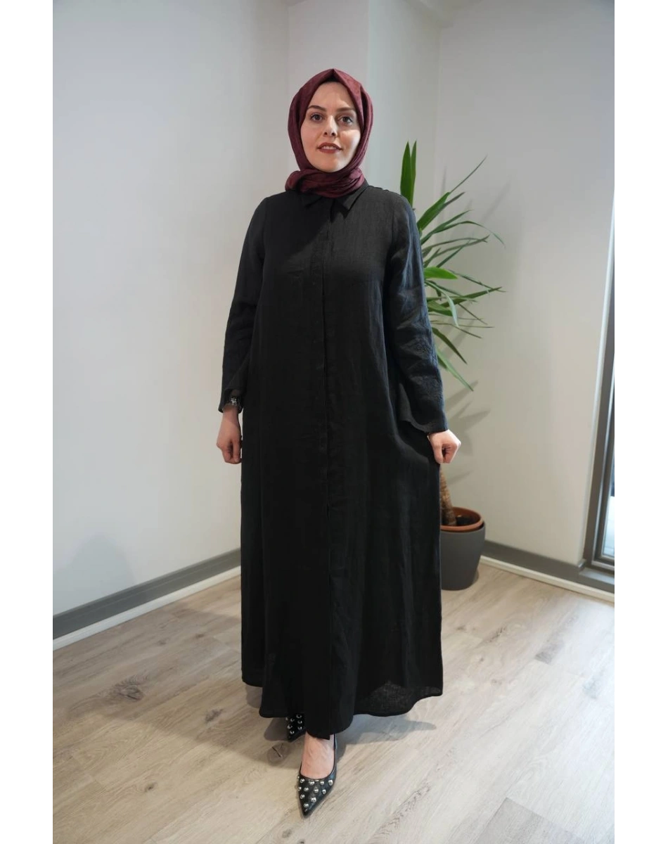 Miss Dalida 2264258 Siyah Kolları Nakışlı Uzun Keten Elbise