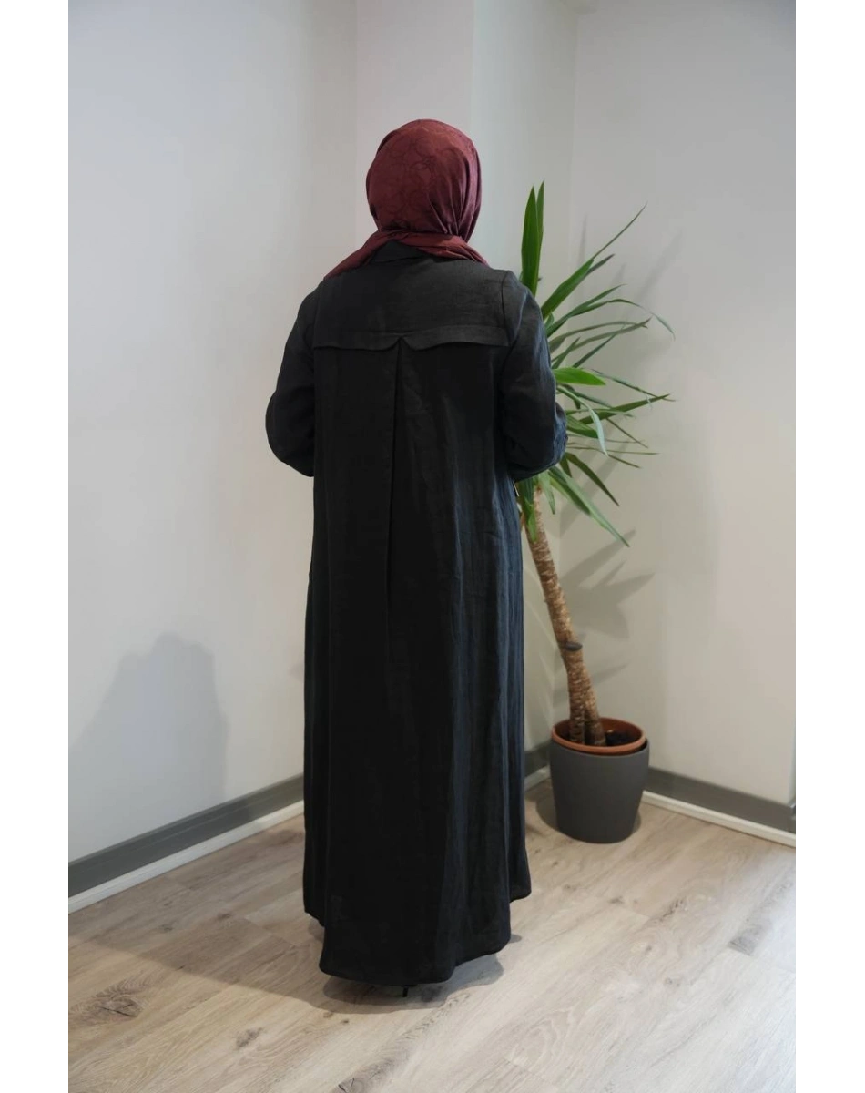 Miss Dalida 2264258 Siyah Kolları Nakışlı Uzun Keten Elbise