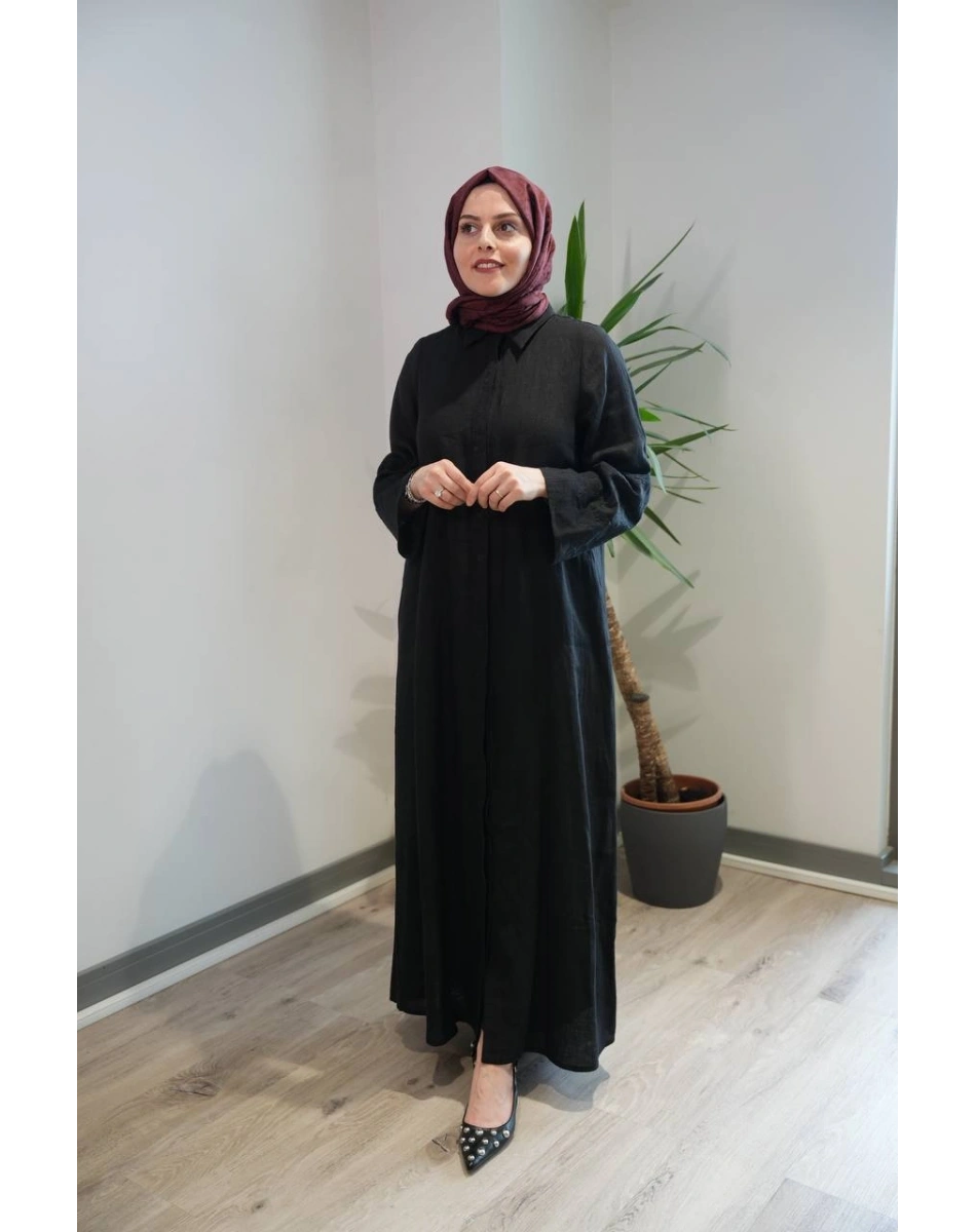 Miss Dalida 2264258 Siyah Kolları Nakışlı Uzun Keten Elbise