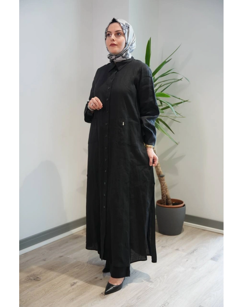 Miss Dalida 2268284 Siyah Nakış Detaylı Düğmeli Keten Uzun Kap