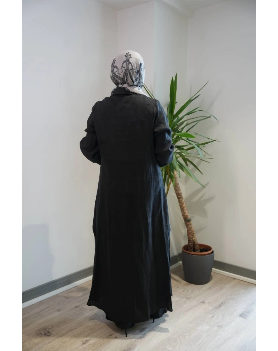 Miss Dalida 2268284 Siyah Nakış Detaylı Düğmeli Keten Uzun Kap