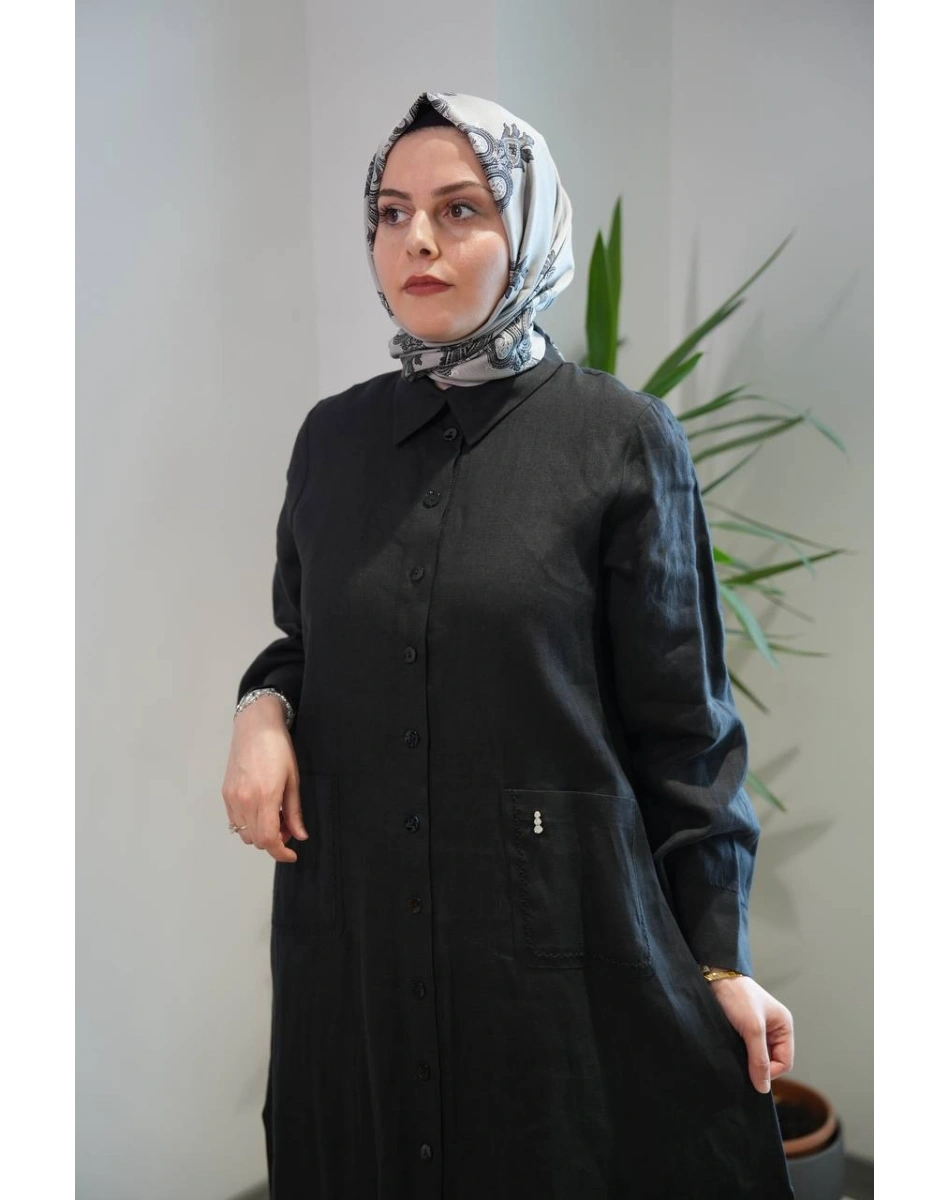 Miss Dalida 2268284 Siyah Nakış Detaylı Düğmeli Keten Uzun Kap
