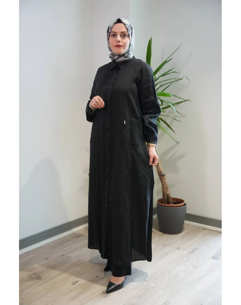 Miss Dalida 2268284 Siyah Nakış Detaylı Düğmeli Keten Uzun Kap