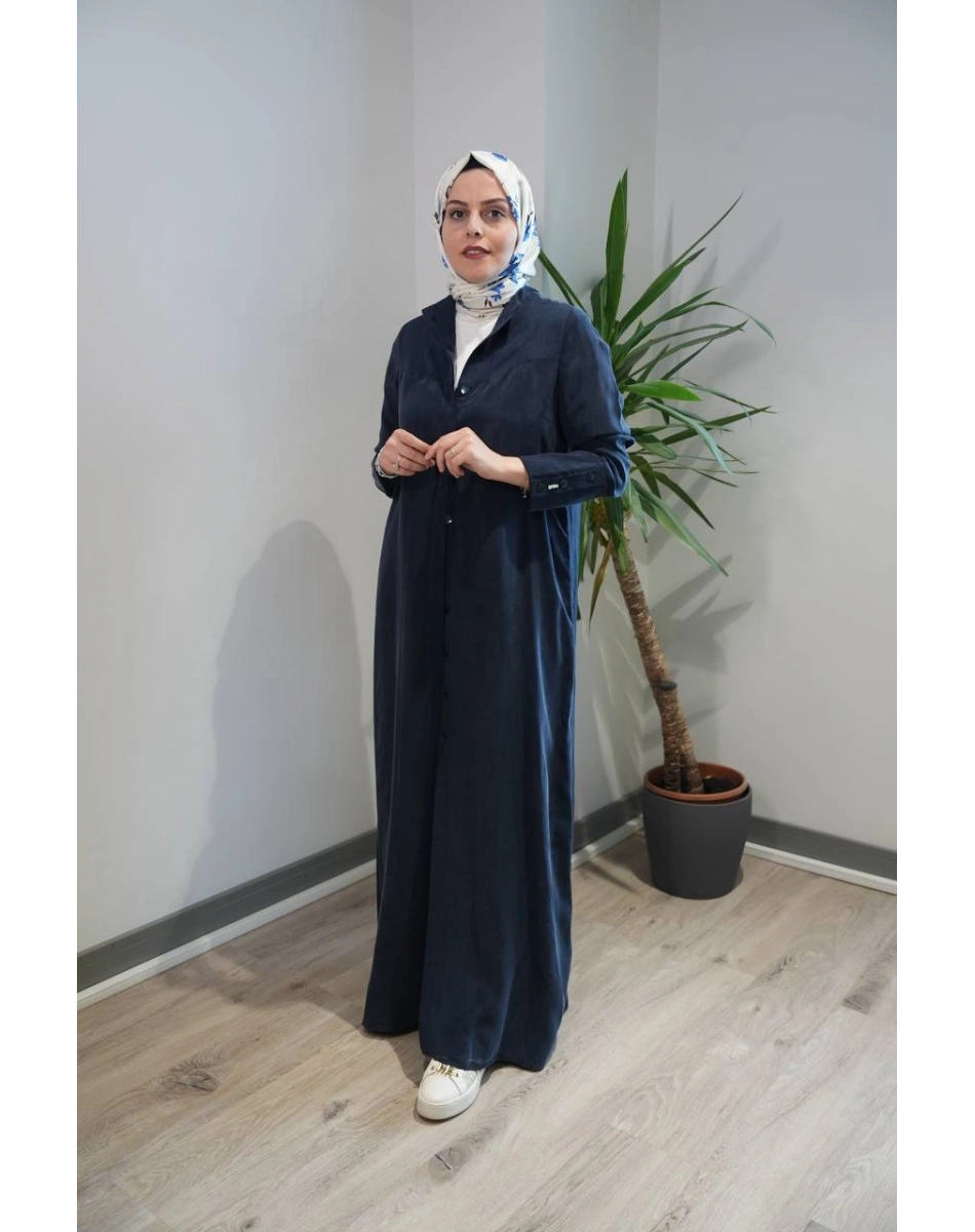 Miss Dalida 2268285 Lacivert Yakasız Yırtmaç Detaylı Keten Ceket