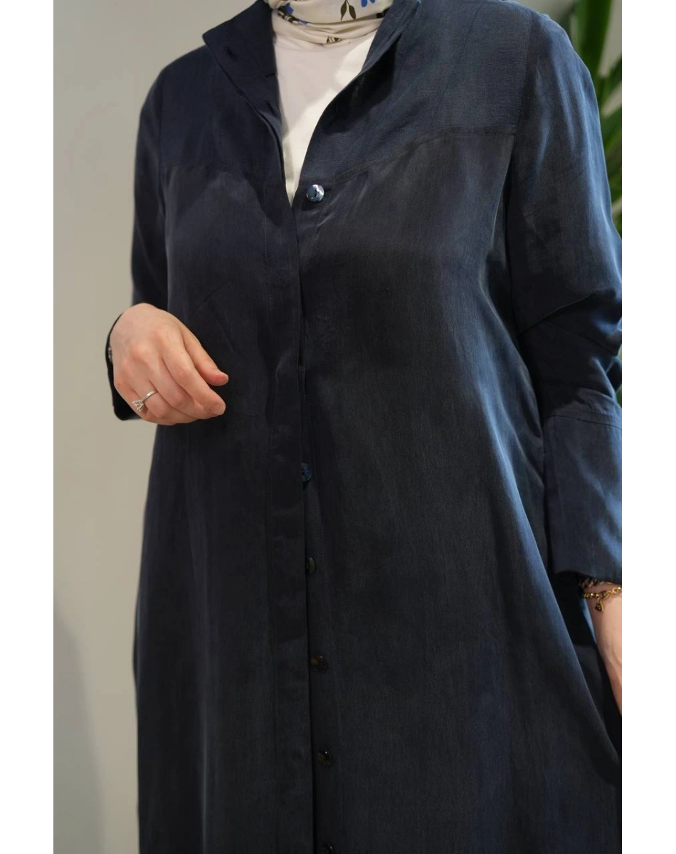 Miss Dalida 2268285 Lacivert Yakasız Yırtmaç Detaylı Keten Ceket