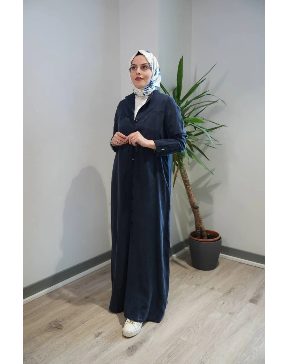 Miss Dalida 2268285 Lacivert Yakasız Yırtmaç Detaylı Keten Ceket