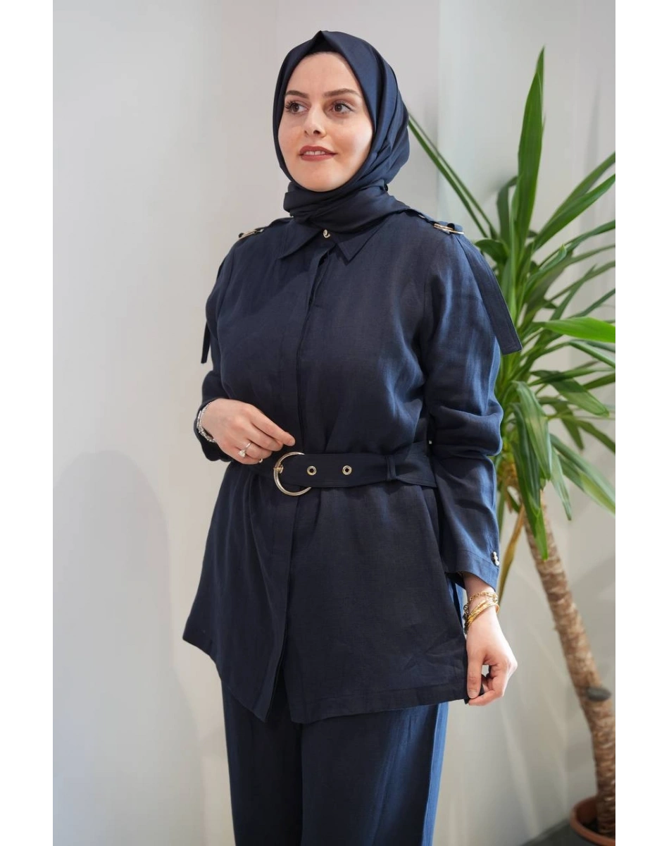 Miss Dalida 2266256 Lacivert Gizli Patlı Omuz Detaylı Keten Gömlek