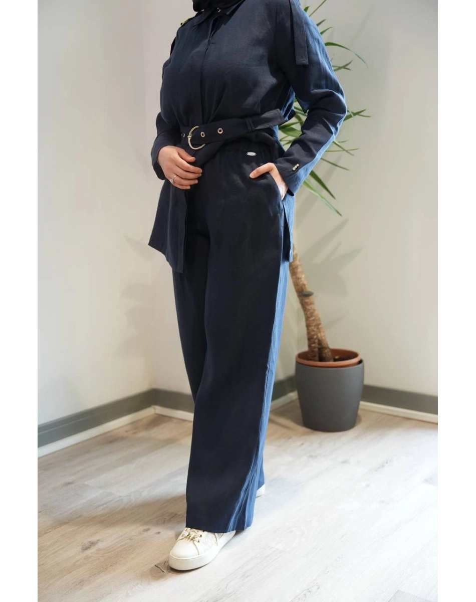 Miss Dalida 2267251 Lacivert Beli Lastikli Bol Paça Keten Pantolon