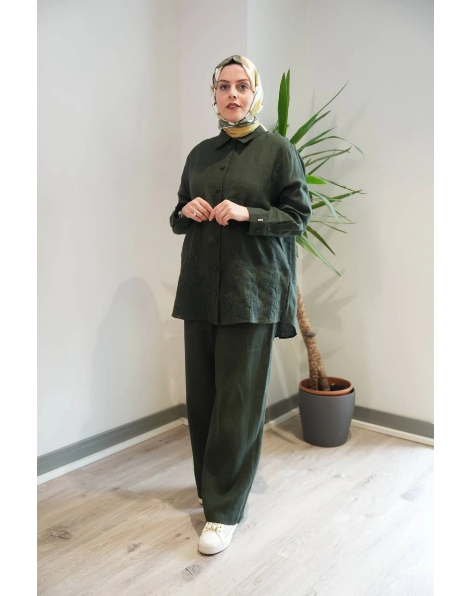Miss Dalida 2267251 Haki Beli Lastikli Bol Paça Keten Pantolon